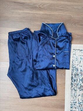 Women's Satin Pajama Set - Navy with Contrast Piping